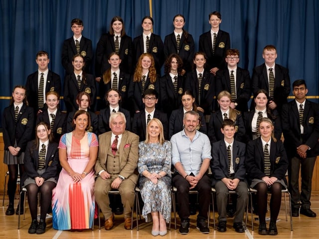 Recipients of School Ethos Awards in Year 11. Also pictured Mrs Suzanne Deery (Senior Teacher), Mr Micheal Harron (Board of Governors), Mrs Brónach O’Hare (Vice Principal), Mr Conor McKinney (Guest Speaker).