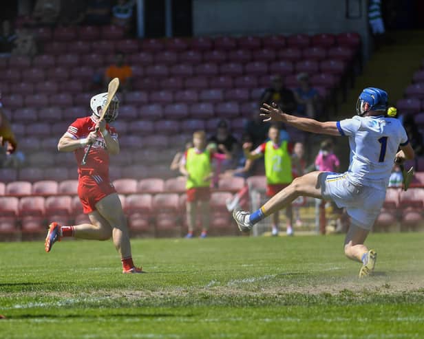Derry’s Cormac O’Doherty scores a first half goal against Wicklow. Photo: George Sweeney