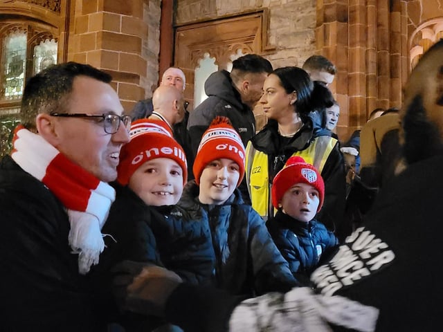 Derry City players' huge welcome home to the Guildhall Square after their FAI Cup Final win.