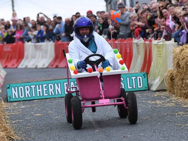 Competitor takes part in the Soap Box Derby run, held in Carndonagh, on Saturday afternoon. Photo: George Sweeney