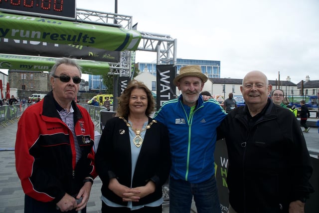 Charlie Large, Mayor of Derry and Strabane, Cllr. Patricia Logue, Gerry Lynch and Denis McGowan pictured at the finish line.