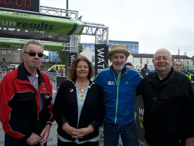 Charlie Large, Mayor of Derry and Strabane, Cllr. Patricia Logue, Gerry Lynch and Denis McGowan pictured at the finish line.