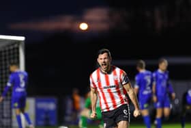 Pat Hoban celebrates his ninth goal of the season at Waterford. Photograph by Kevin Moore.