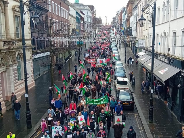 Thousands participate in Derry rally for Palestine calling for a ceasefire in Gaza on January 13, 2024