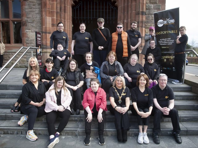 STAGE BEYOND AT GUILDHALL. . . . .The Mayor of Derry City and Strabane District Council, Sandra Duffy pictured with members of Stage Beyond when they paid a visit to the Guildhall on Tuesday afternoon last. (Photos: Jim McCafferty Photography)