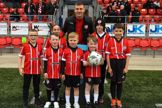 Mascots pictured with team captain Patrick McEleney before the game against UCD on Friday evening last. Photo: George Sweeney.  DER2320GS – 133