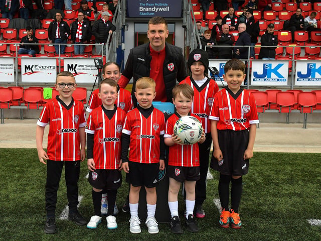 Mascots pictured with team captain Patrick McEleney before the game against UCD on Friday evening last. Photo: George Sweeney.  DER2320GS – 133
