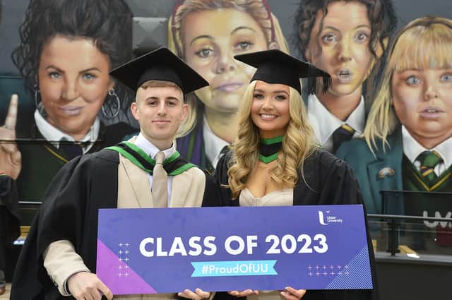 Graduate’s Corey McConnell and Chloe Simpson, who graduated in computer science pictured in Derry at the Millennium Forum. Picture By: Arthur Allison/Pacemaker Press.