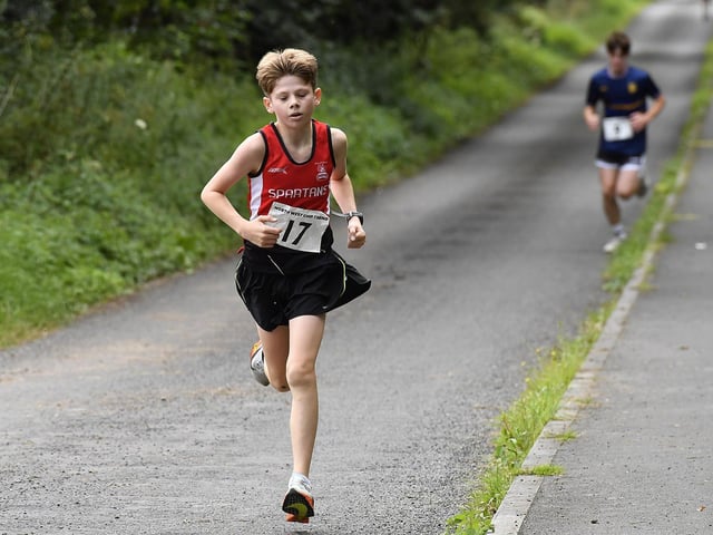 Jacob Furey, City of Derry Spartans, competes in the Muff Feile 5K on Saturday morning. Photo: George Sweeney
