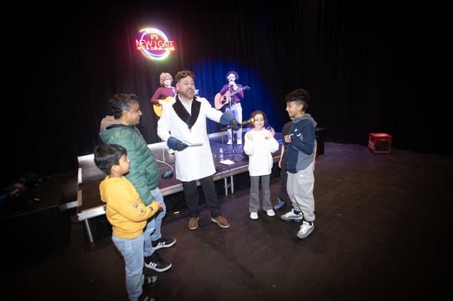 The Mad Scientist (aka Peter E. Davidson) entertaining the audience at Saturday's Feile event in New Gate Arts and Culture Centre, Derry.