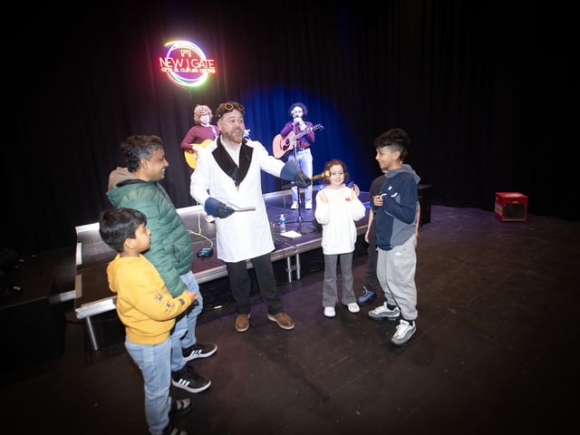 The Mad Scientist (aka Peter E. Davidson) entertaining the audience at Saturday's Feile event in New Gate Arts and Culture Centre, Derry.