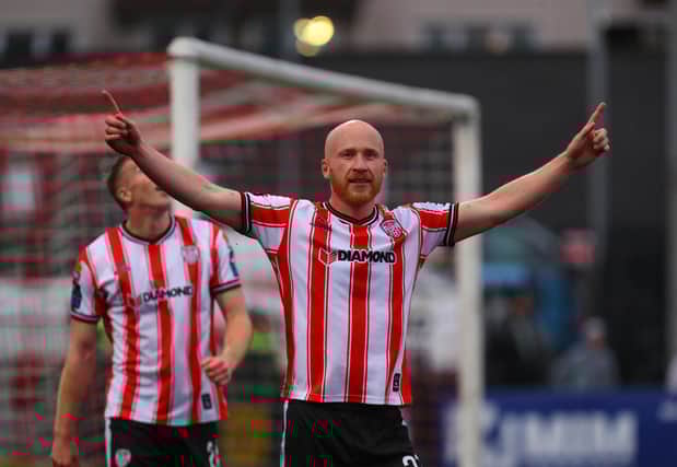 Hat-trick hero Liam Boyce celebrates in front of the Brandywell support as Derry City ran riot against Waterford. Photos by Kevin Moore.