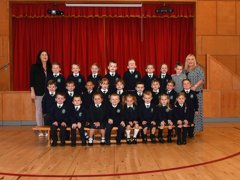 Mrs Hanely, teacher, and Mrs Cairns' P1 class at St Patrick’s Primary School.