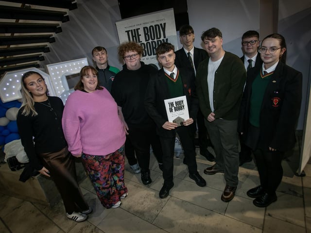 St. Joseph's Boys School staff pictured with Gary before Thursday night's premiere.