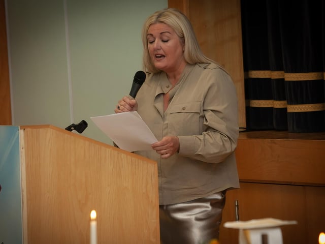 Mrs. Ciara Deane, Principal, addressing the attendance at the St. Joseph's Year 8 Induction Mass on Thursday.