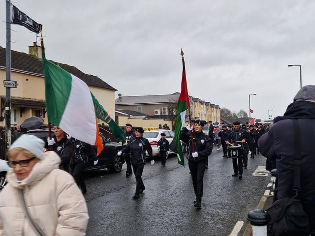 One of the groups taking part in the march as it sets off from Creggan.
