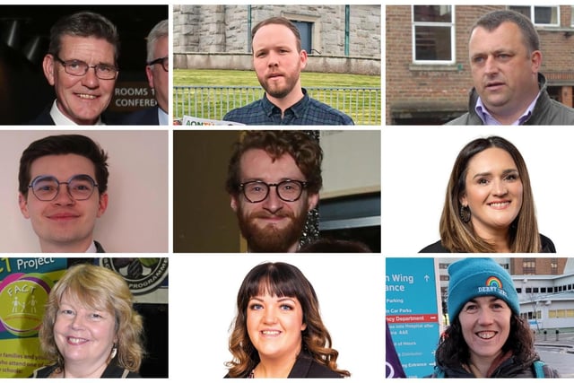 In alphabetical order, the candidates for The Moor ward, top row l-r John Boyle (SDLP), Darryl Christy (Aontú), Gary Donnelly (Independent), middle row l-r Michael Downey (Alliance), Dermott Henderson (SDLP), Aisling Hutton (Sinn Féin), bottom l-r Patricia Logue (Sinn Féin), Emma McGinley (Sinn Féin) and Maeve O'Neill (People Before Profit).