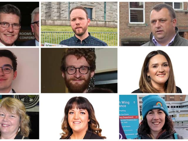 In alphabetical order, the candidates for The Moor ward, top row l-r John Boyle (SDLP), Darryl Christy (Aontú), Gary Donnelly (Independent), middle row l-r Michael Downey (Alliance), Dermott Henderson (SDLP), Aisling Hutton (Sinn Féin), bottom l-r Patricia Logue (Sinn Féin), Emma McGinley (Sinn Féin) and Maeve O'Neill (People Before Profit).