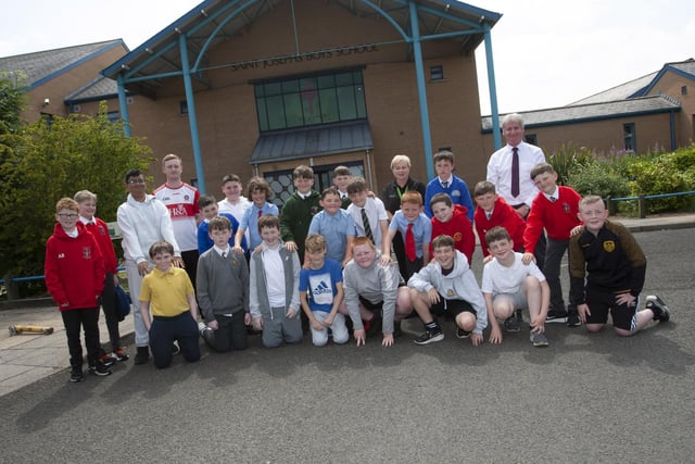 INDUCTION DAY AT ST. JOSEPH’S. . . .Mr. Paul Kealey welcoming some of the P7 pupils to the school during Tuesday’s Induction Day at St. Joseph’s Boys School.