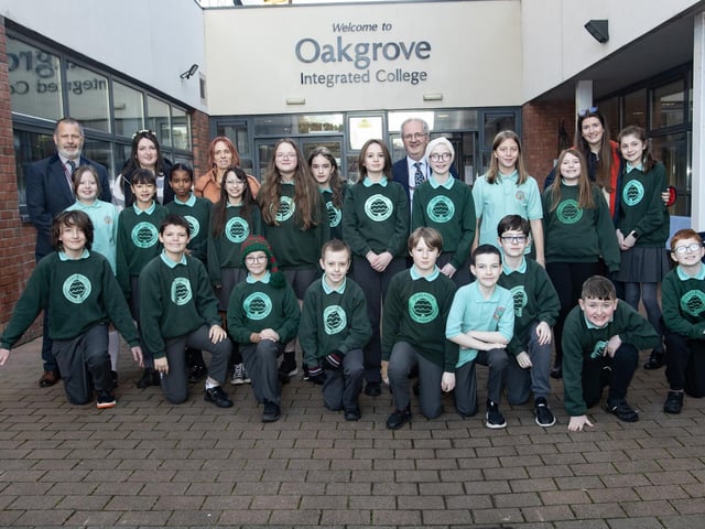 Mr. John Harkin, Principal, Oakgrove Integrated College pictured with pupils from Oakgrove Integrated Primary School who took part in an 'Active Learning Day' on Monday last.(Photos: Jim McCafferty Photography)