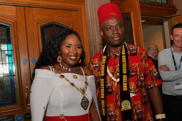 SDLP Colr Lilian Seenoi-Barr, newly elected mayor of Derry and Strabane, pictured with one of the guests at the Guildhall on Monday Evening. Photo: George Sweeney