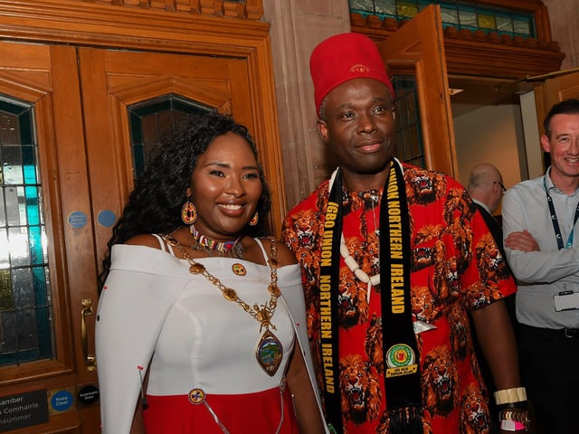 SDLP Colr Lilian Seenoi-Barr, newly elected mayor of Derry and Strabane, pictured with one of the guests at the Guildhall on Monday Evening. Photo: George Sweeney