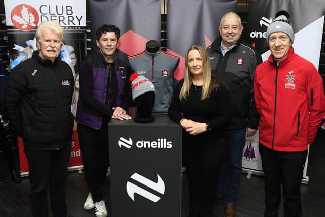 Group pictured at the launch of the Owenbeg Cross Country Races, sponsored by O'Neills, in partnership with Club Derry and Springwell Running Club which takes place at Owenbeg on Saturday 17th January. Included, from left, are Gerry Loughrey, chairman, Club Derry, Colin Loughrey, race director, Springwell Running Club,  Caroline Casey, store manager, O'Neills, Waterloo Place, John Keenan, Derry GAA, and Dermot Connolly, City of Derry Spartans AC. (Photo - Tom Heaney, nwpresspics)