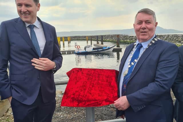The Minister for Agriculture, Food and the Marine, Charlie McConalogue and Leas-Chathaoirleach of Donegal County Council, Cllr Gerry McMonagle, unveil the plaque at Friday’s opening ceremony.