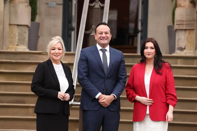 First Minister Michelle O'Neill and Deputy First Minister Emma Little-Pengelly with Taoiseach Leo Varadkar at Stormont Castle. Picture by Jonathan Porter/PressEye