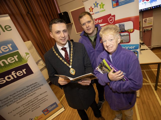 Launching the Strathfoyle Village Plan at the Strathfoyle Teachers Training Centre on Thursday morning is the Deputy Mayor of Derry City and Strabane District Council, Jason Barr with Paul Hughes and Michelle Hayden, Enagh Youth Forum.