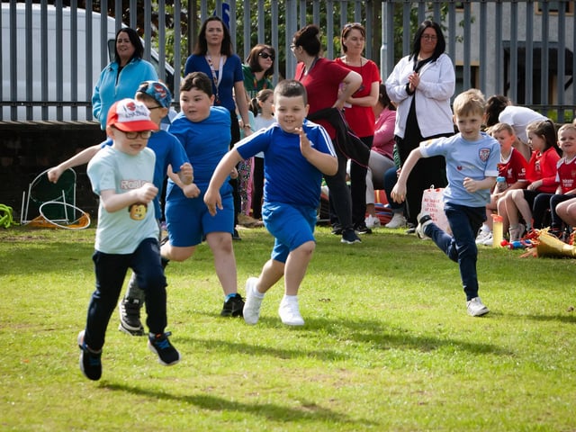 AND THEY'RE OFF!. . . Fun and games as the boys make their way to the finish line during one of the sprint races at Greenhaw PS Sports Day. (Photos: Jim McCafferty Photography)