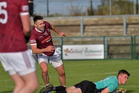 Peter Hagan scores a first half goal for Banagher against Greenlough during Sunday’s IFC semi-final at Owenbeg. Photo: George Sweeney