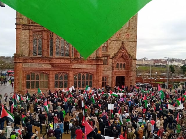 Thousands participate in Derry rally for Palestine calling for a ceasefire in Gaza on January 13, 2024