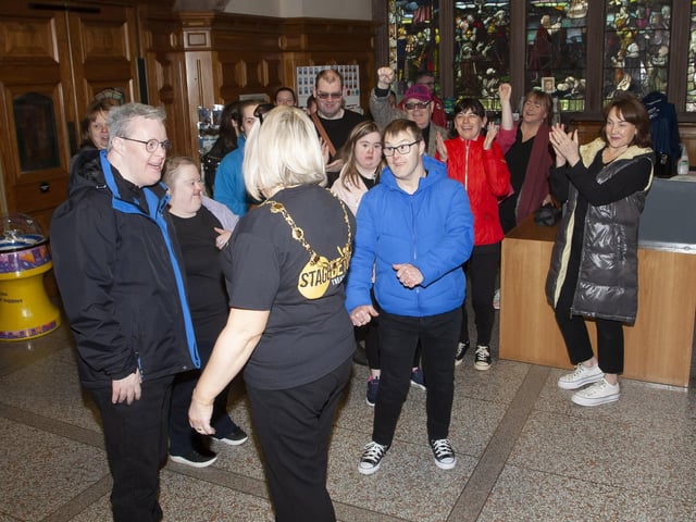 Huge applause for Mayor Sandra Duffy as she greets the young people from Stage Beyond on Tuesday afternoon during their visit to the Guildhall.