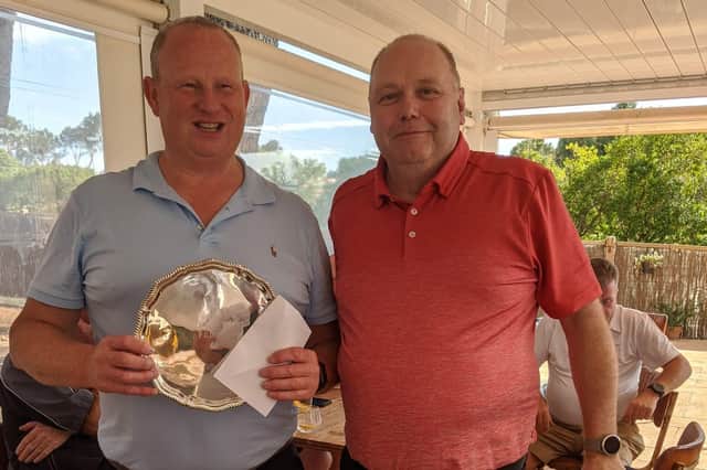 2023 CHAMPION: Peter McDaid, the winner of the 2023 Michael Doherty tour, pictured receiving the Silver Salver from last year's winner, Ciaran O'Neill, who sponsored the event.
