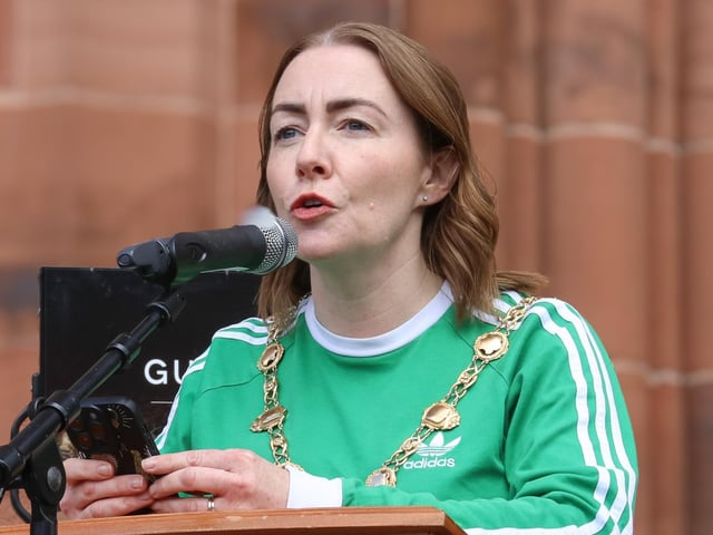 Mayor Grace Uí Niallais speaking at the Unite Against Hate rally - Guildhall Square on Saturday. (Photo - Deirdre Heaney, nwpresspics)