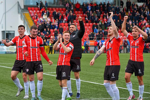 Derry City players celebrate their FAI cup semi-final win over Treaty United. Photo: George Sweeney.  DER2242GS – 013