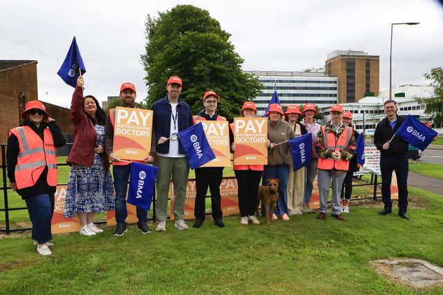 Colr. Shaun Harkin pictured previously with resident doctors’ on the picket line outside Altnagelvin Hospital. (Photo - Tom Heaney, nwpresspics)