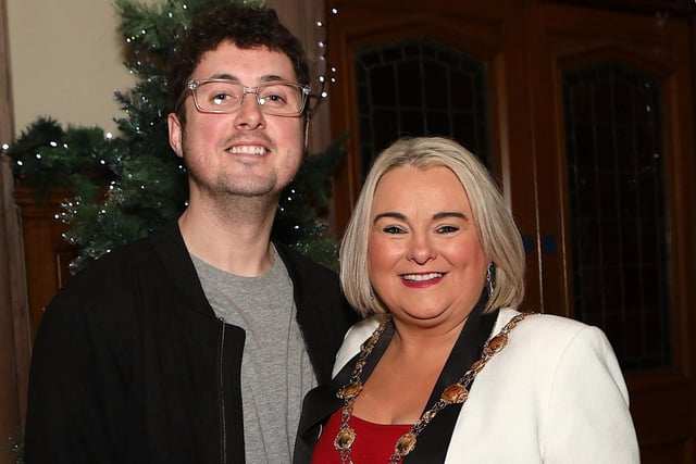 Mayor of Derry City & Strabane Distirct Council,  Sandra Duffy with Joe McVeigh, sponsor of the Christmas hamper prize at the Ulster Elite Boxing Finals. (Photo - Tom Heaney, nwpresspics)