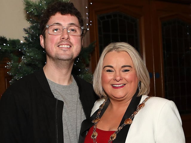 Mayor of Derry City & Strabane Distirct Council,  Sandra Duffy with Joe McVeigh, sponsor of the Christmas hamper prize at the Ulster Elite Boxing Finals. (Photo - Tom Heaney, nwpresspics)