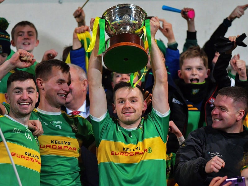 October 2023, Glen captain Connor Carville lifts the O’Neill Senior Football Championship trophy after defeating Maherafelt in the final at Celtic Park. Photo: George Sweeney