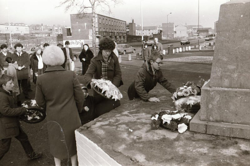 Wreaths are laid at the Bloody Sunday monument in Rossville Street on the 12th anniversary of the massacre in 1984.