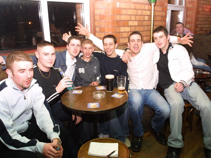 Eoghan McCauley, Mark McCloskey, Michael Cooley, Jonathan Coups, Ruairi Mooney, David Harrigan and Bryan McCallion enjoying themselves at the 18th birthday party.