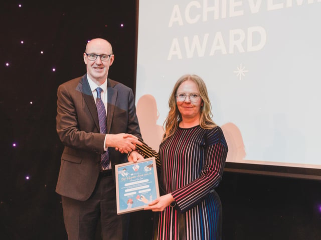 Highly Commended in the Lifetime Achievement category Lorna Ackroyd, Principal OT Mental Health Services Grangewood, Derry, pictured with Neil Guckian, Chief Executive, Western Trust.