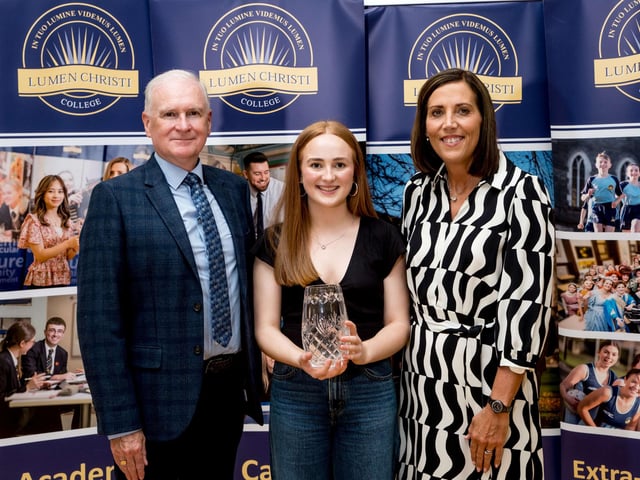 Grace Roarty receives the O'Kelly Award for A2 Biology from Mrs Kathryn Butcher (Head of Biology)& Mr Noel Mc Caul (Board of Governors). Lumen Christi College.
