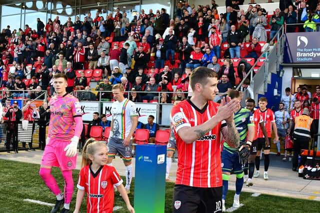 Derry City captain Patrick McEleney, pictured leading out the team, hopes the Brandywell support can lift the team to victory on Saturday.
