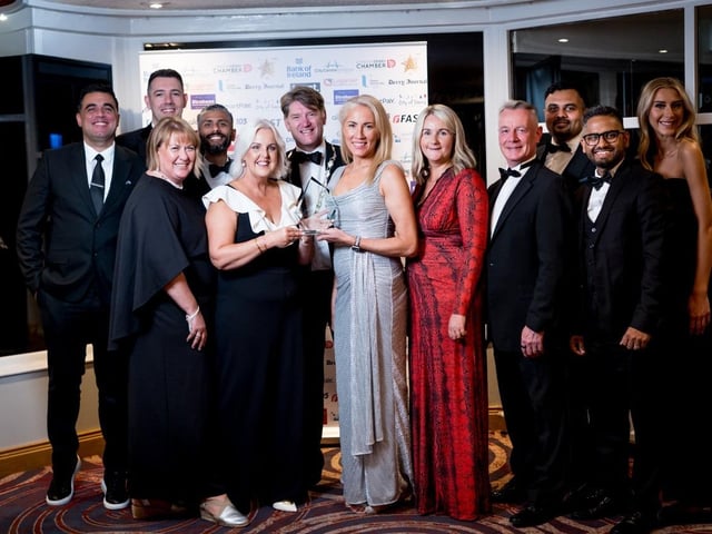 Winners of Hotel of the Year, The Ebrington, pictured with Hugh Hegarty, Chair of City Centre Initiative; Andrew Fleming, President of Londonderry Chamber of Commerce; and Cathy Chauhan of FAST Technologies who sponsored the award.