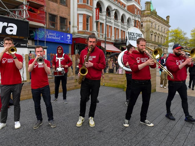The Back Chat Brass Band performing in Waterloo Place over the Jazz Festival weekend.  Photo: George Sweeney.  DER2317GS – 161