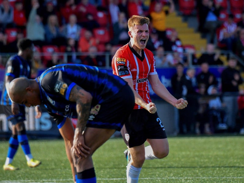 July 2023: Brandon Kavanagh celebrates scoring Derry City’s second goal against Athlone Town. Photo: George Sweeney.