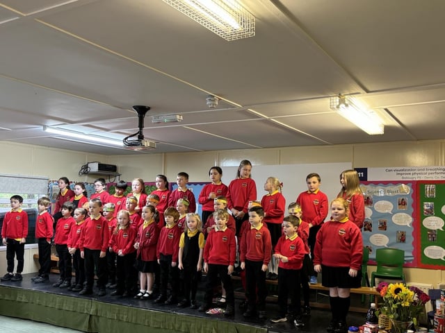 Pupils from Ballougry Primary School pictured at the Harvest Assembly and Food Bank held in the school on Wednesday morning.